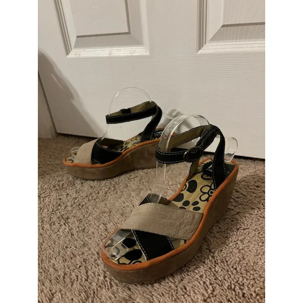 Fly London Pati tan black suede leather wedge platform sandal sz 7-7.5 - Picture 2 of 14